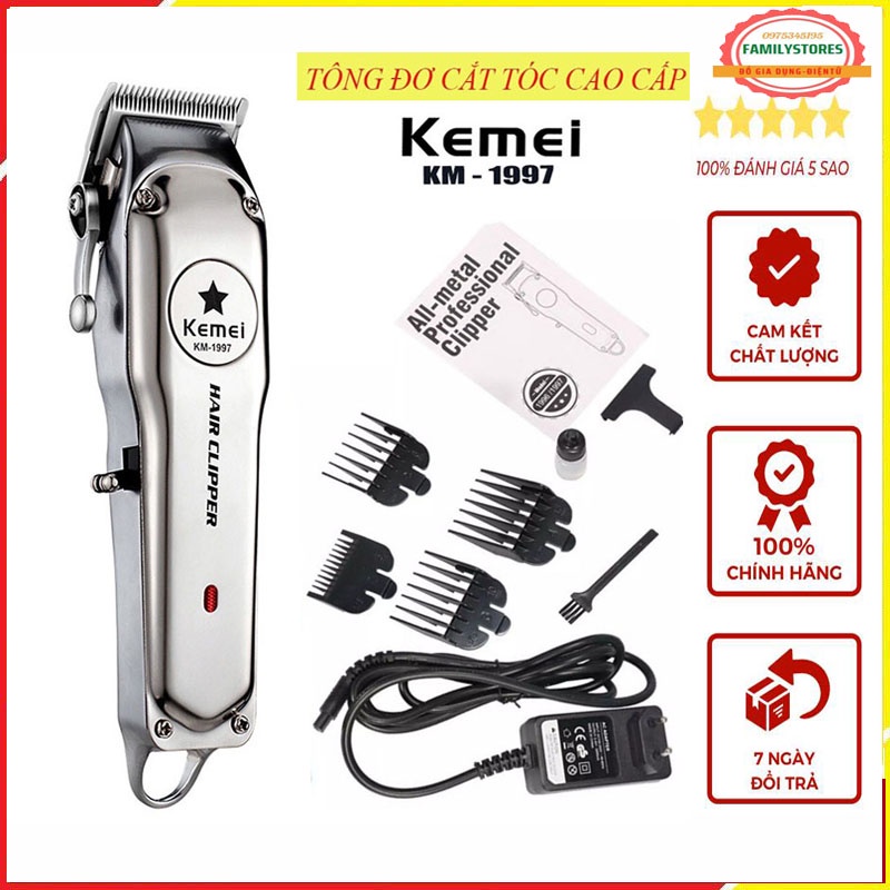 Tông Đơ Cắt Tóc Kemei 1997 Chất Liệu Hợp Kim Nhôm Vỏ Thép Nguyên Khối Tăng Đơ Cắt Tóc Không Dây Chuyên Nghiệp