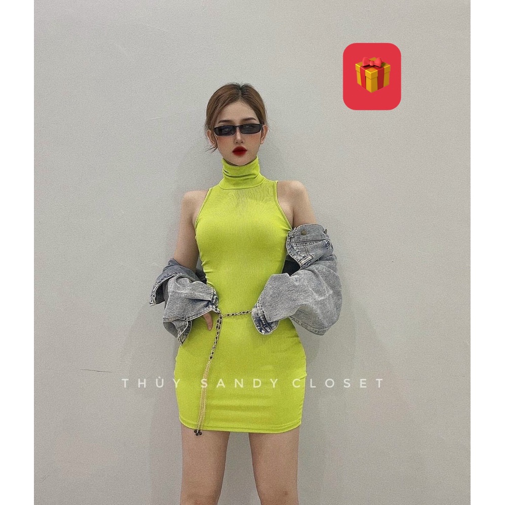 Đầm 3 lỗ cổ lọ dáng ngắn trơn ôm body cực xinh , chất thun gân mềm mịn