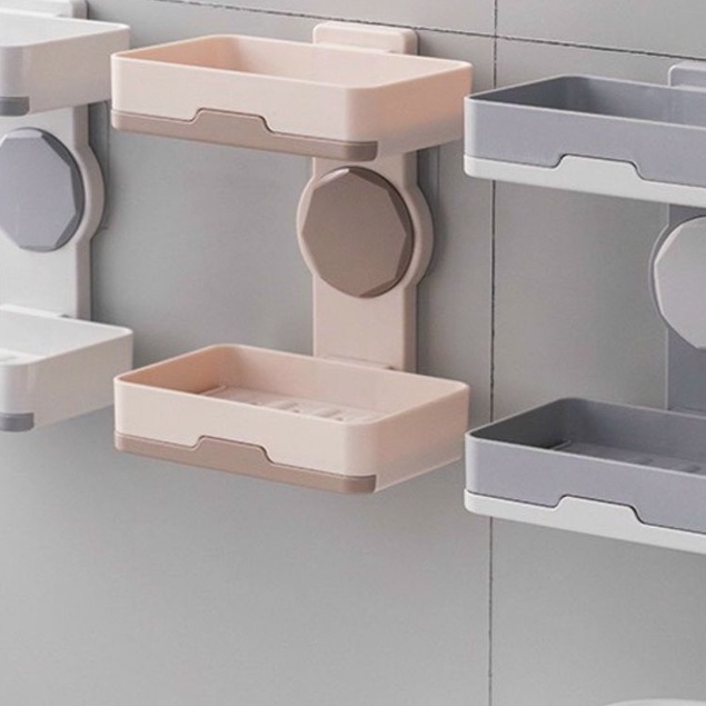 Kệ dán tường để xà bông nhà tắm xoay 360 độ 2 tầng đa năng, Giá Nhựa Để Xà Phòng 4 Rãnh Thông Minh (Có Khay Đựng Nước)