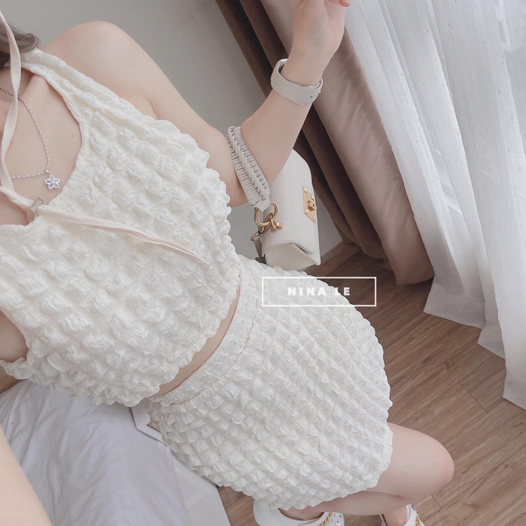 [8.8 Sales Freeship] Set bộ 2 món chất xốp nổi, áo sát nách croptop + chân váy ôm ngắn, set váy xốp đi biển dễ thương