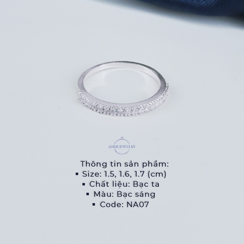 Nhẫn nữ bạc ta đính 1 hàng đá dày đặn Asimi, nhẫn bạc nữ đính đá Cz cao cấp sang trọng Line Gem NA07