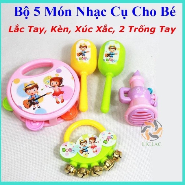 Bộ 5 món nhạc cụ xúc xắc , kèn, lắc tay , trống cho bé