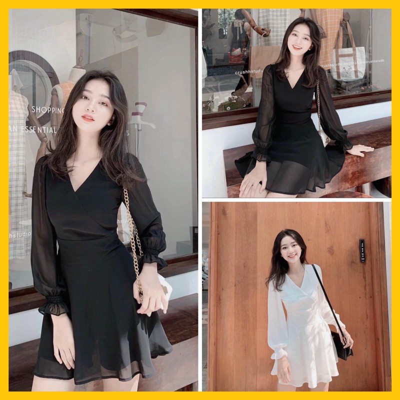 Đầm dự tiệc cổ tim dài tay dáng suông,2 màu trắng/đen vải hàn quốc cao cấp -SHOPLORA | BigBuy360 - bigbuy360.vn