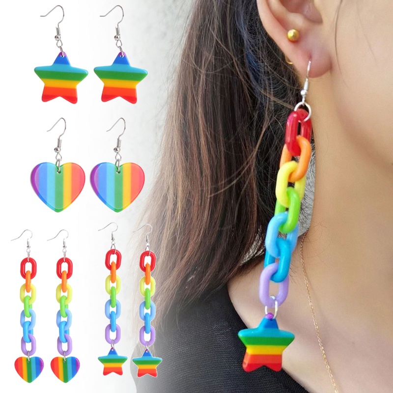Bông Tai Bằng Acrylic Hình Trái Tim Màu Cầu Vồng Độc Đáo Thời Trang