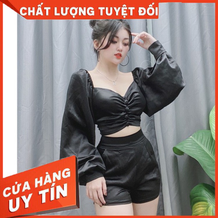 ✔️hienphamstore✔️ Set lụa tay dài hở eo cute, body lụa cúp ngực sexy - DN9682