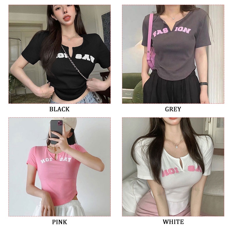 Áo thun YEYA cổ chữ V in chữ đơn giản thời trang cho nữ