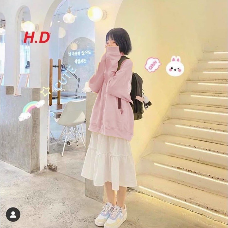 set áo khoác nỉ cúc cadigan + chân váy trắng xoè 3 tầng