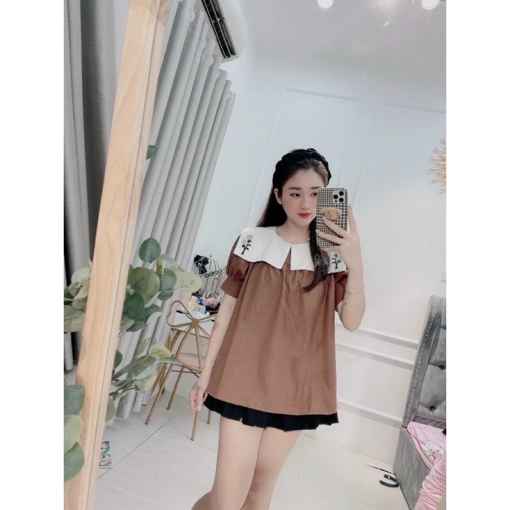 Áo Babydoll Nâu Cổ Thủy Thủ Thêu Hoa Trắng - Áo Nữ Babydoll Phối Màu Nâu Tây Cổ Bèo Trắng Vintage