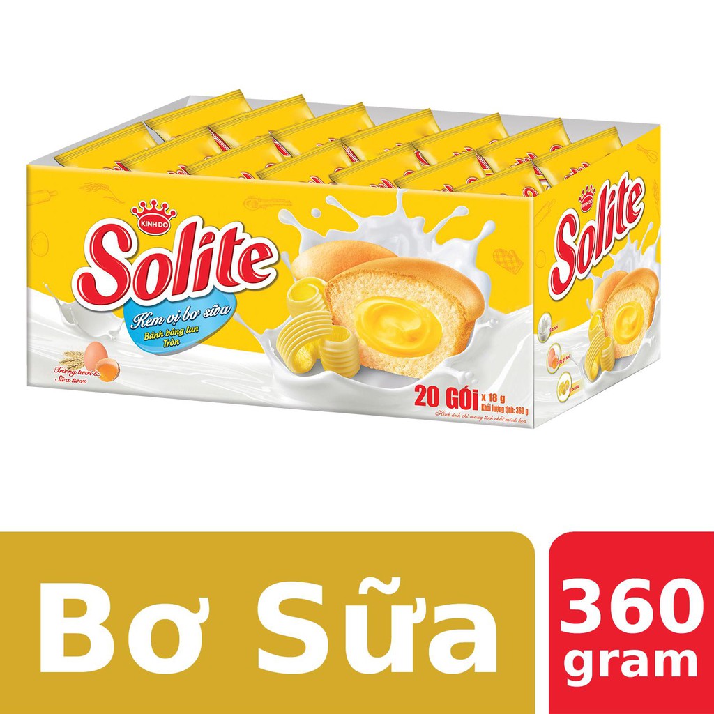 Bánh bông lan cuộn kem vị bơ sữa Solite hộp 360g (20 cái) (đủ 3 vị)