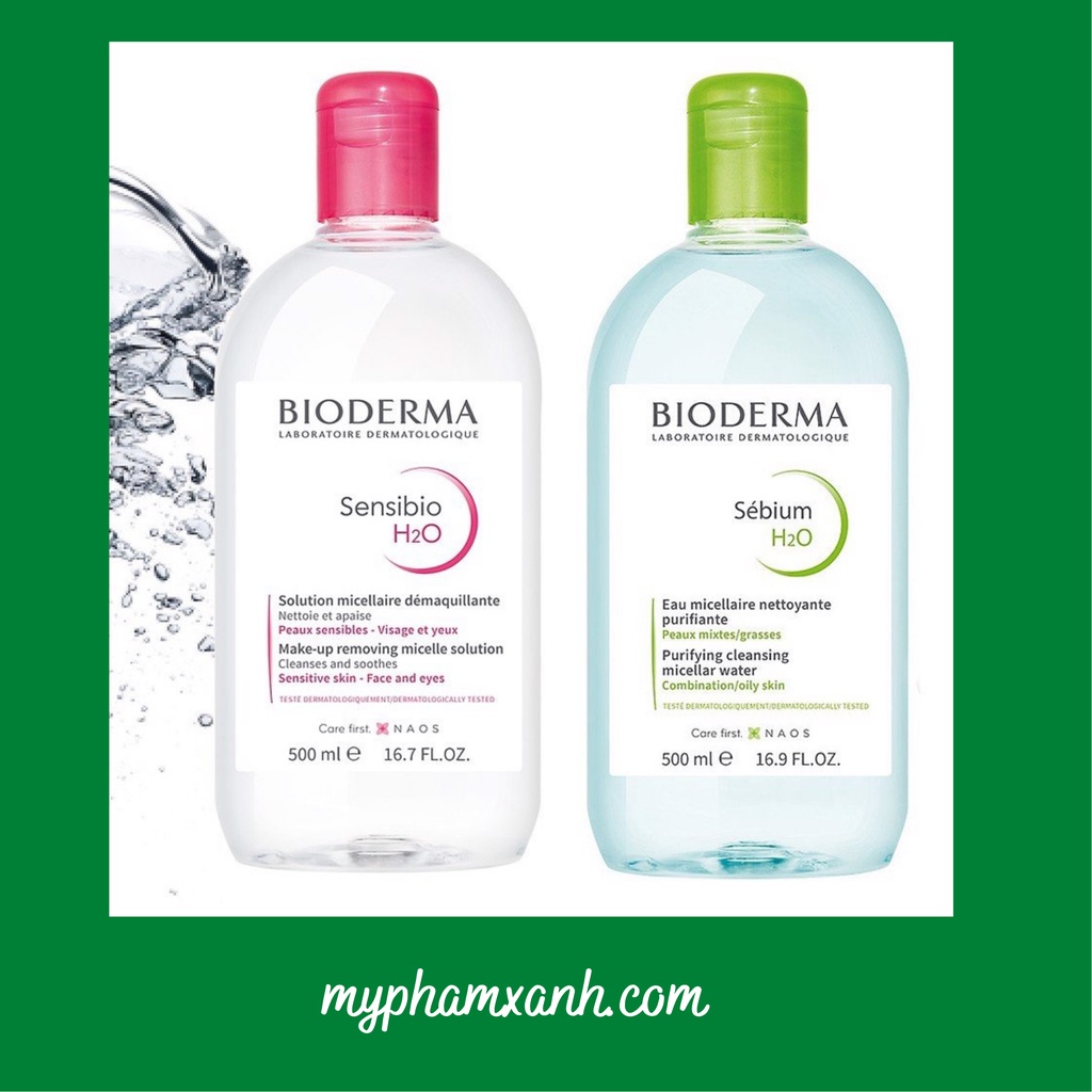 Nước tẩy trang bioderma 500ml màu xanh hồng, tẩy trang bioderma dành cho nam nữ dùng cho da dầu mụn, da nhạy cảm, da khô