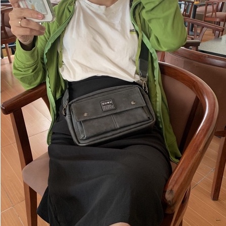Túi đeo chéo OUMU nam nữ dạng hộp da pu màu xám tro chống nước nhiều ngăn tiện lợi sức chứa lớn dễ phối đồ