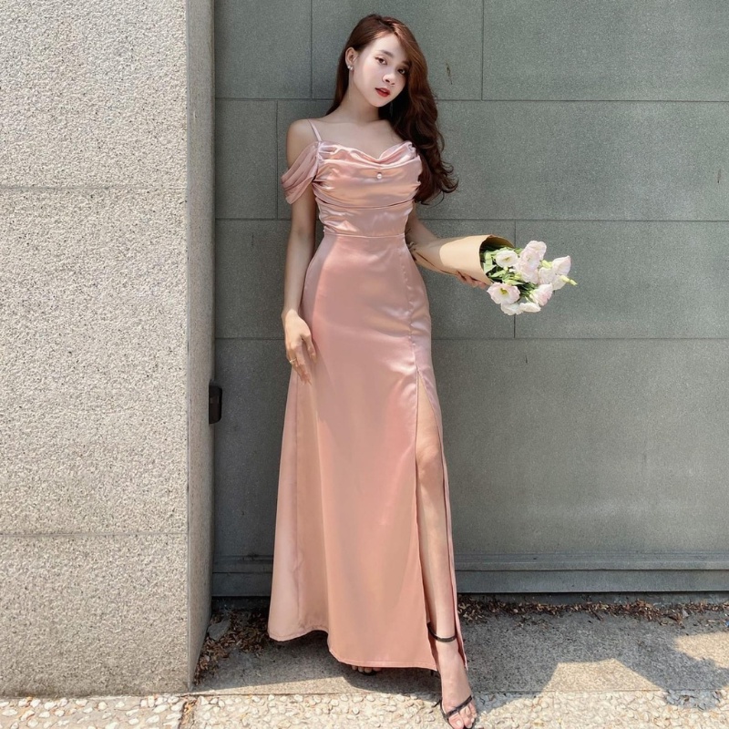 Đầm đi tiệc váy nữ 2 dây rớt vai cổ đổ ngực xếp ly dáng dài tiểu thư sang trọng