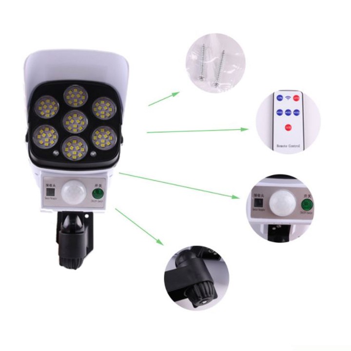 Đèn cảm ứng 7 mắt LED dùng pin năng lượng mặt trời mẫu camera chống trộm