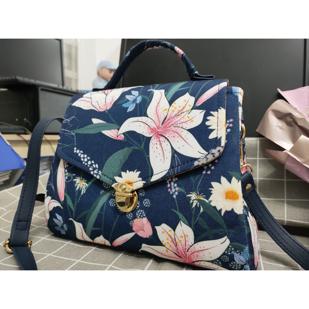 (Handmade) Túi đeo nữ vải canvas họa tiết hoa