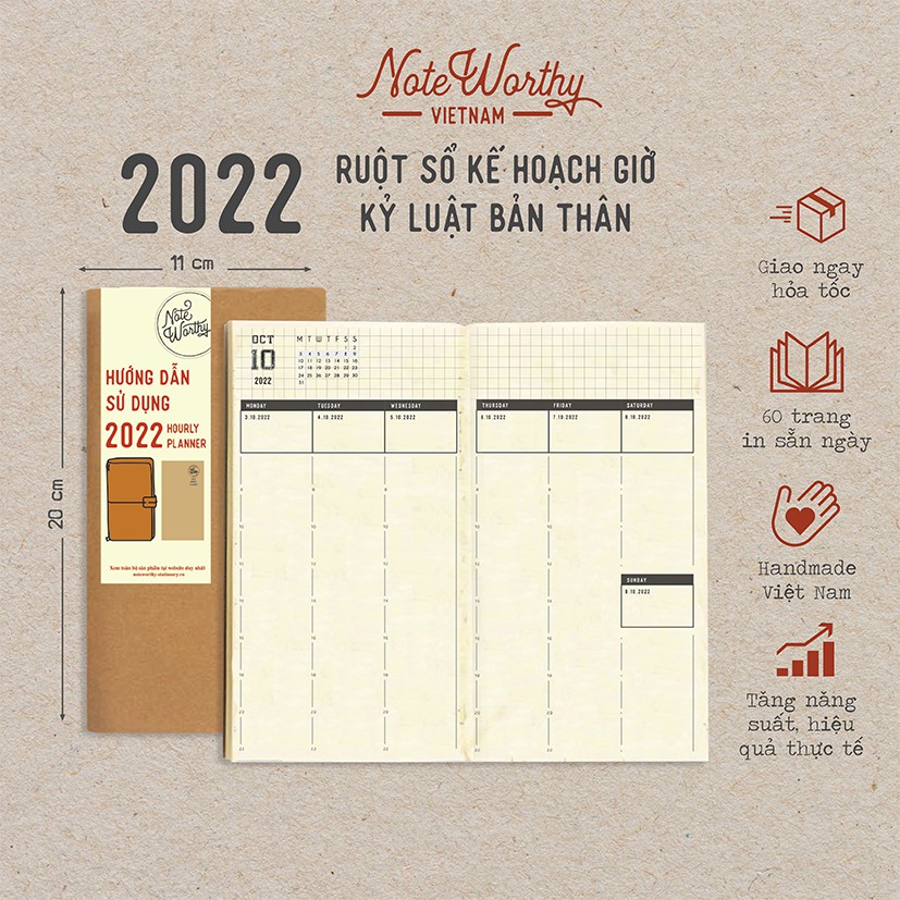(In sẵn ngày) Sổ tay 2022 lập kế hoạch theo giờ 60 trang 11x20cm bìa mềm kỷ luật bản thân - Noteworthy hourly planner