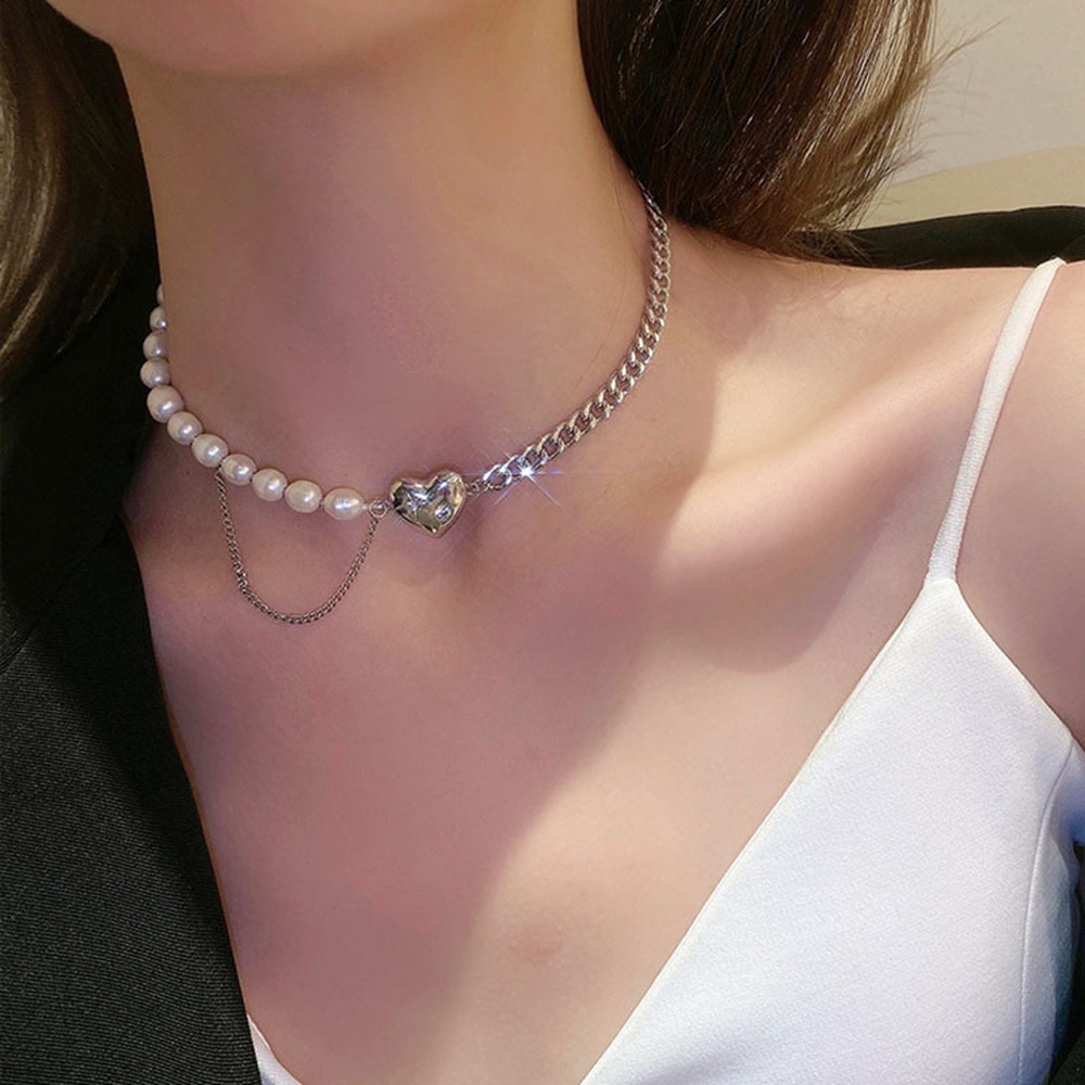 Dây chuyền choker chuỗi ngọc trai giả mặt trái tim phong cách hiphop đơn giản thời trang mùa hè dành cho nữ