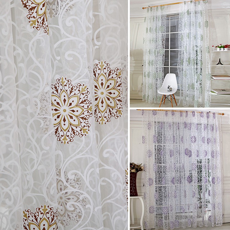 Rèm cửa vải voan họa tiết hoa có dây buộc rèm tiện dụng