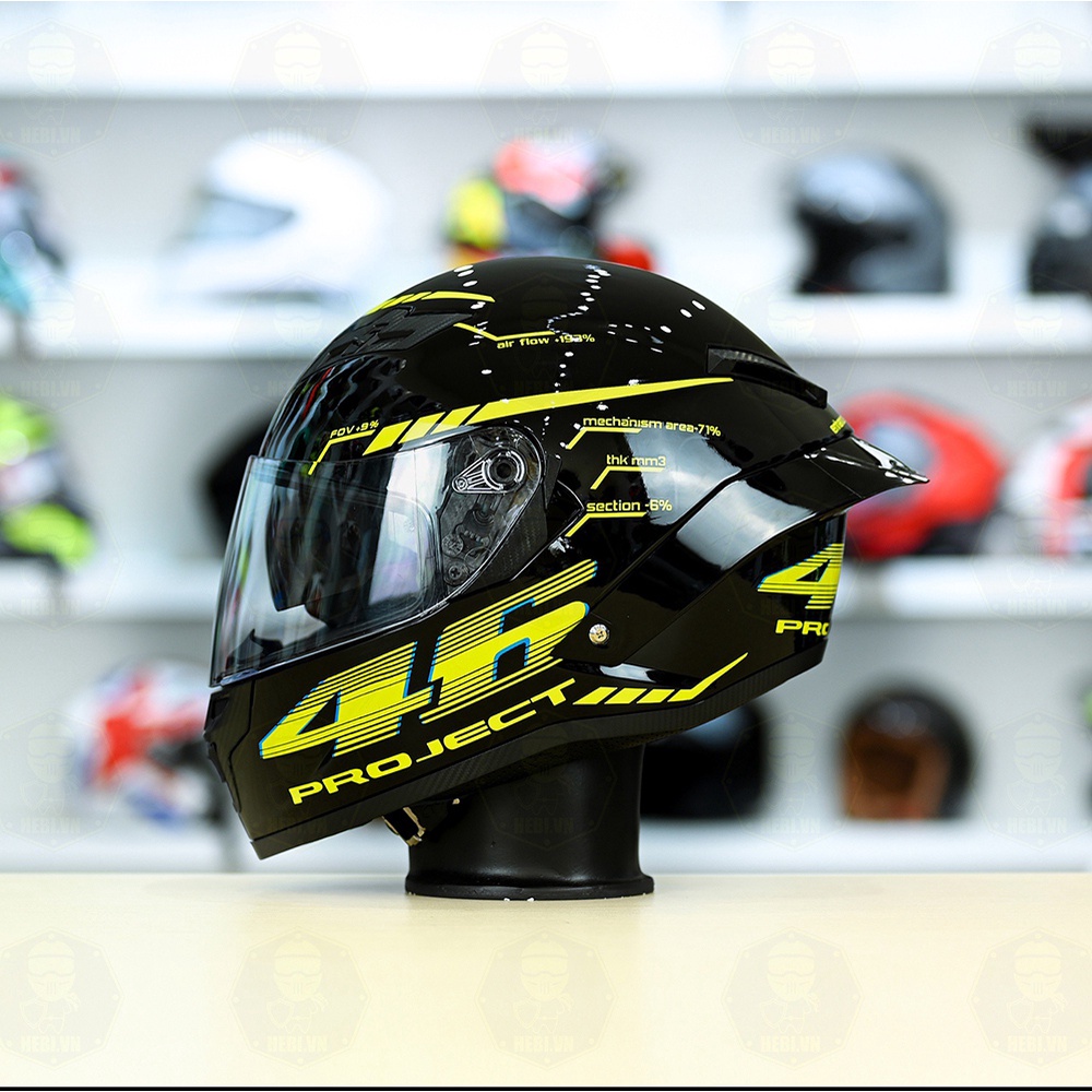 Mũ Bảo Hiểm Fullface 2 Kính ROC 08 Đen Bóng Dán Tem AGV Project 46 Vàng - Tặng Khăn Trùm Đầu Và Đuôi Gió Pista