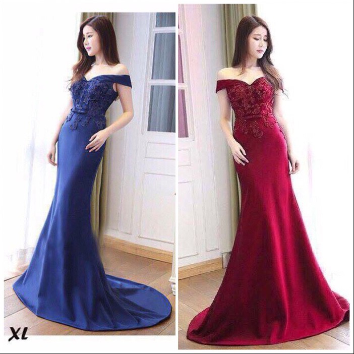 Đầm dạ hội bẹt vai phối ren