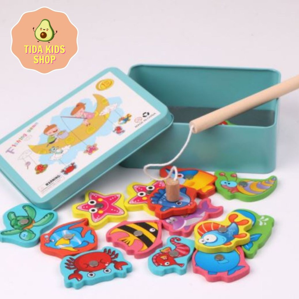 Đồ Chơi Gỗ TIDA KIDS SHOP, Đồ Chơi Giải Trí Câu Cá Nam Châm 15 Con Hộp Sắt Cho Bé Giá Tốt