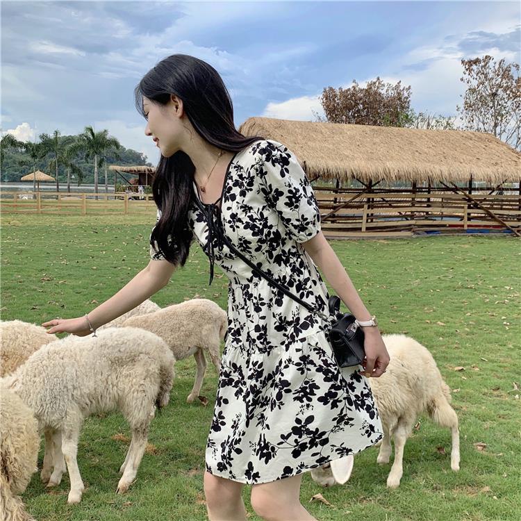 Đầm Cổ Chữ V Họa Tiết Hoa Phong Cách Vintage Pháp