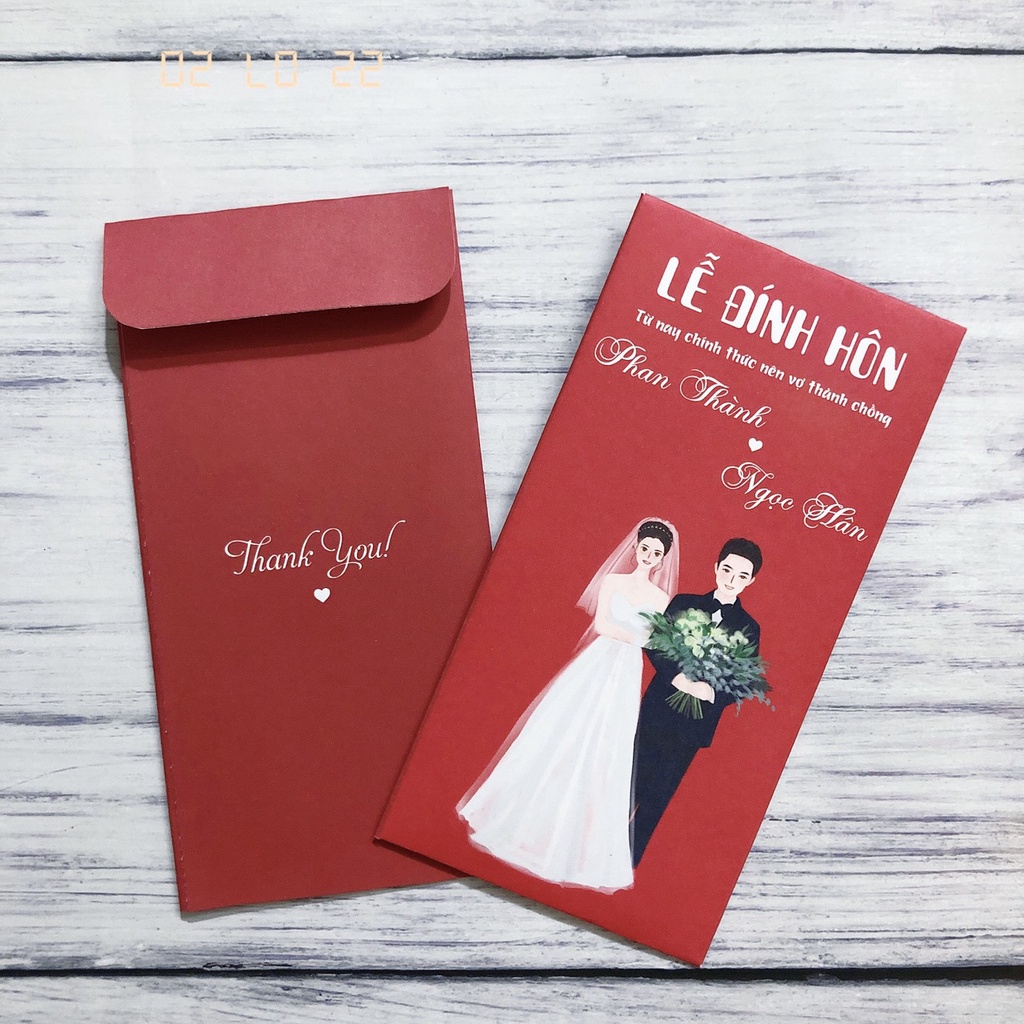 Bao lì xì đám cưới đỏ in tên theo yêu cầu - Bao lì xì bưng quả in tên dâu rể