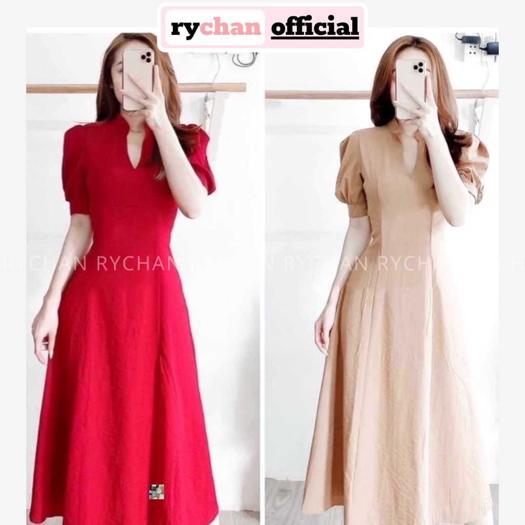 Đầm Váy Nữ Dự Tiệc Sang Trọng Cổ Trụ Tay Phồng Ngắn, Đầm Nữ Form Dài Màu Kem Đỏ [ẢNH THẬT CUỐI] - DX9918
