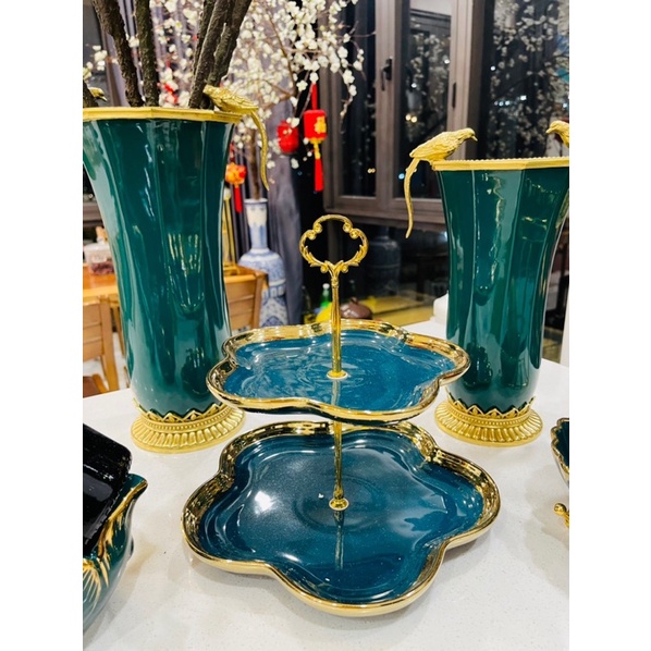 Khay sứ tầng viền vàng siêu đẹp - Khay bánh kẹo - Decor Home