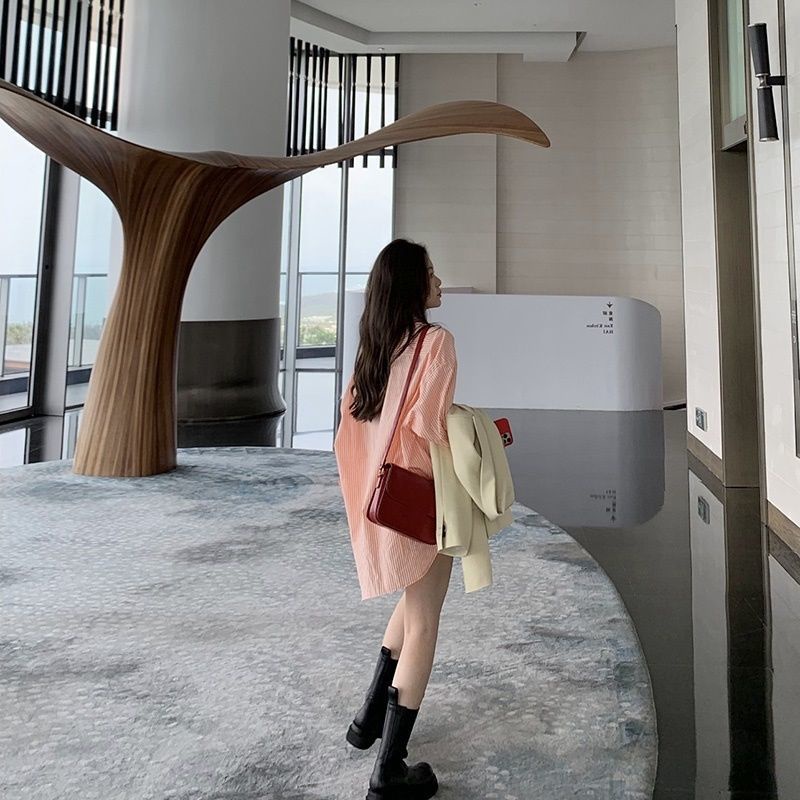 Girl's long shirt Striped loose shirtS fashion Korean casual tops academy style Student thin coat