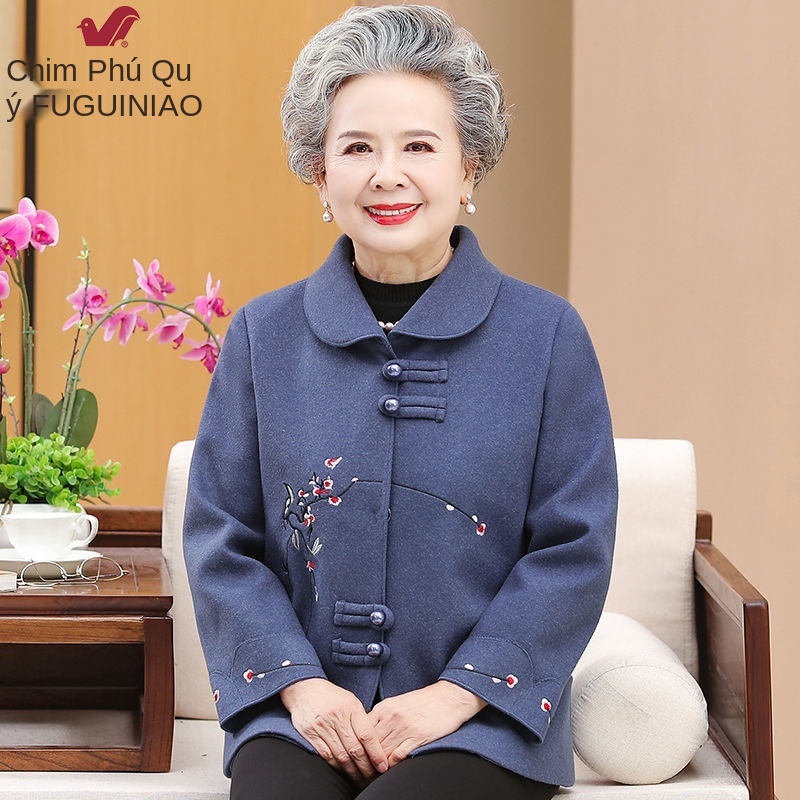 Bà mẹ già áo dài mùa thu vải len ngắn cho người già quần áo mùa thu bà áo bà già