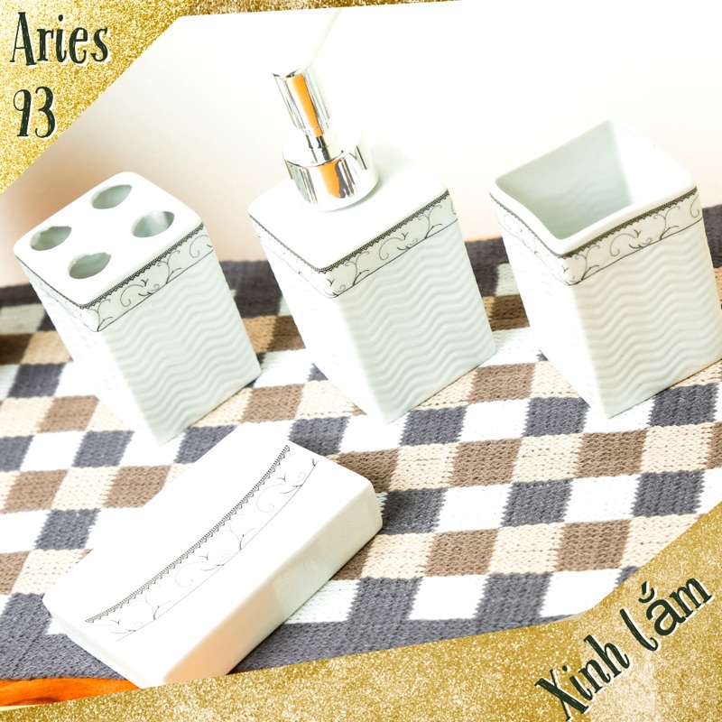 Chai đựng xà phòng, ống cắm bàn chải đánh răng, đĩa đựng xà phòng bằng sứ, bộ phụ kiện nhà tắm 4 món L-08
