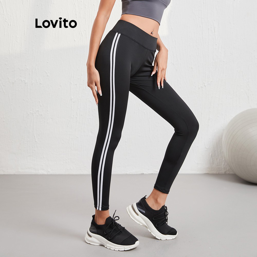 Quần legging thể thao Lovito phối màu tương phản độ co giãn cao L08078 (màu đen)