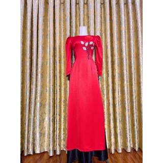 Ao dài đỏ, vàng💥FREESHIP💥 Áo dài đính hoa 1 bông nhẹ tay bồng