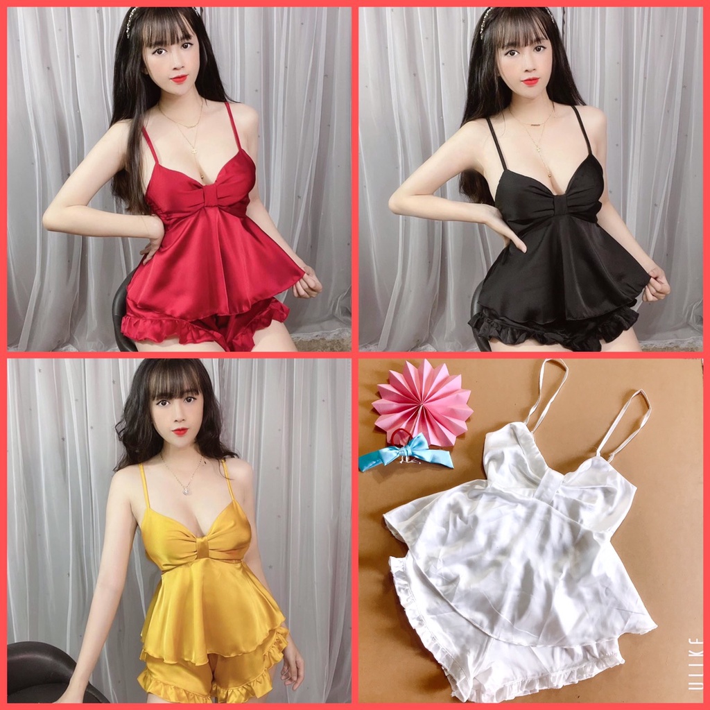 💕💕Sét đô ngủ nơ🍒 2 dây phi lụa 💖💖Sét đồ ngủ siêu hot sexy dễ thương