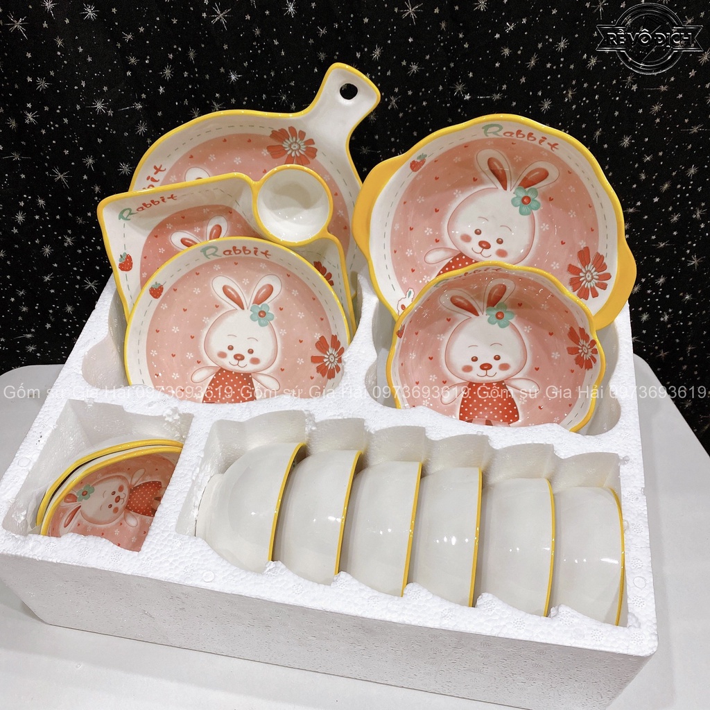 Set bộ đồ ăn thỏ hồng rabbit 13 món kèm hộp