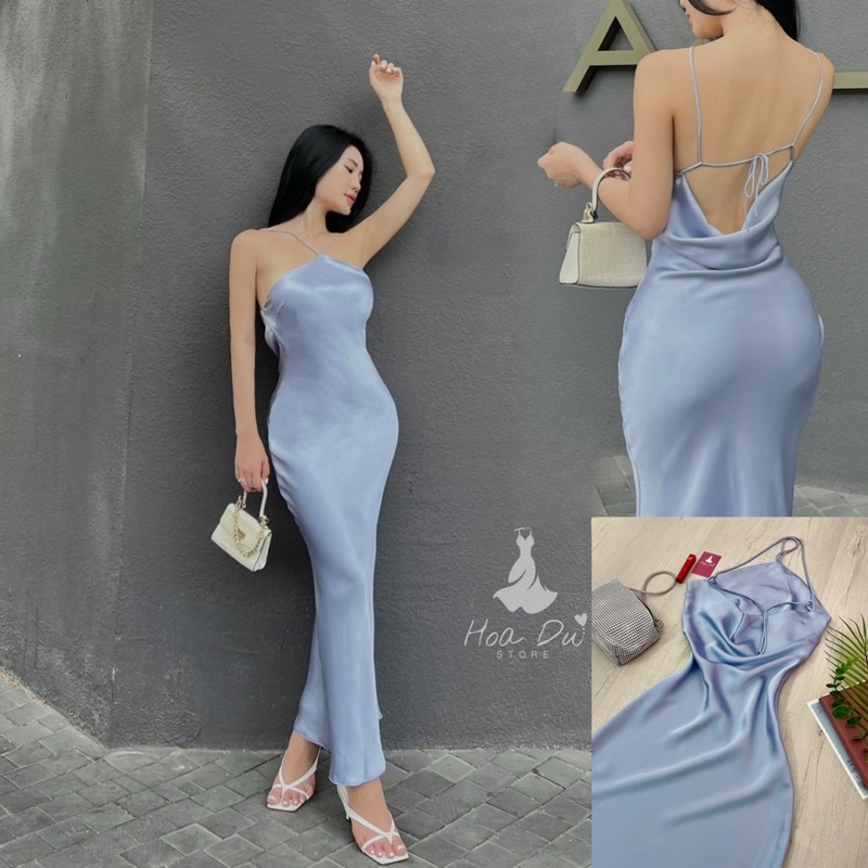 Đầm Lụa maxi cổ yếm cao cấp, lưng đổ nhẹ nhàng dáng dài LỤA SATIN mềm mịn dạ tiệc sang chảnh