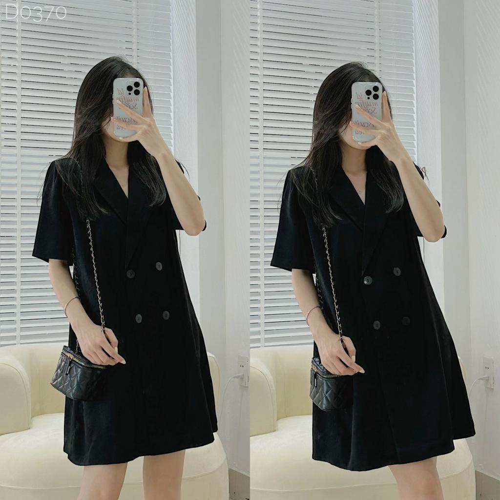 [D0370] Đầm cổ vest hai hàng khuy kèm dây đai form rộng (Có sẵn/ảnh thật)