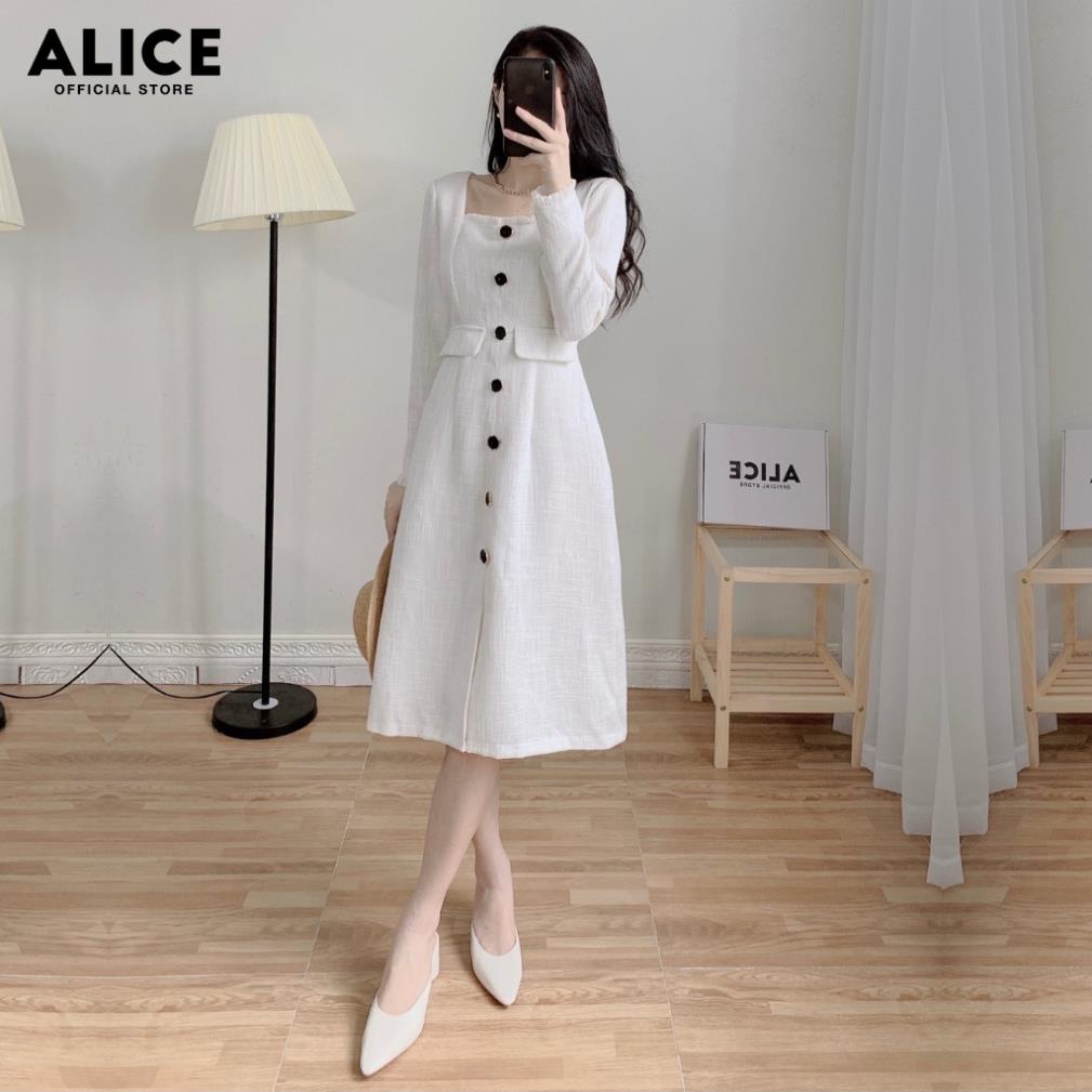VIP Váy Trắng Cổ Vuông Dài Tay ALICE Chất Vải Dạ Text Cao Cấp Lót Lụa Thiết Kế Dáng Xòe Phối Bèo Thân Váy V729