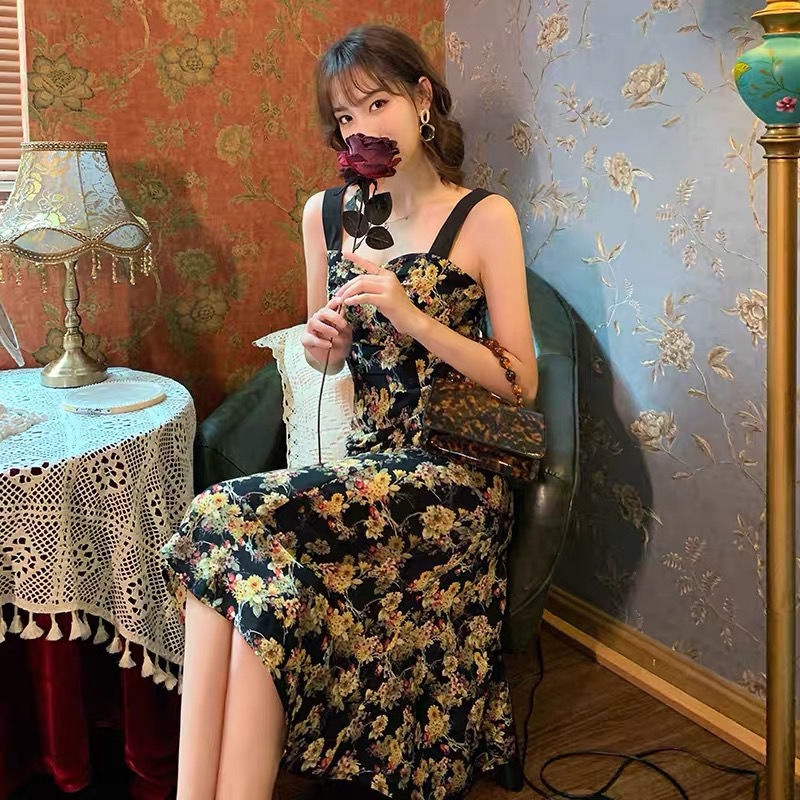 Đầm Hai Dây Dáng Ôm In Hoa Phong Cách Retro Pháp Thời Trang Mùa Hè Hàng Mới Dành Cho Bạn Nữ