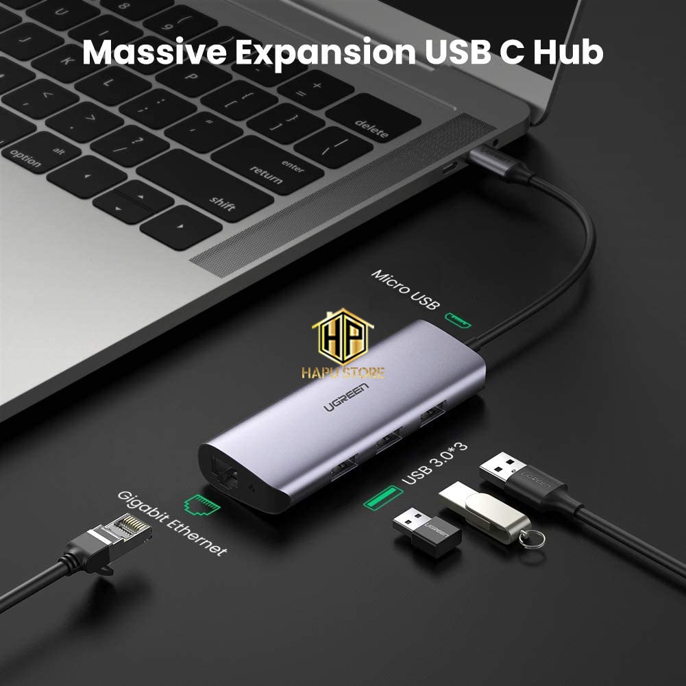 Cáp chuyển USB Type-C sang Lan Gigabit kèm Hub USB 3.0 Ugreen 60718 cao cấp - Hapustore