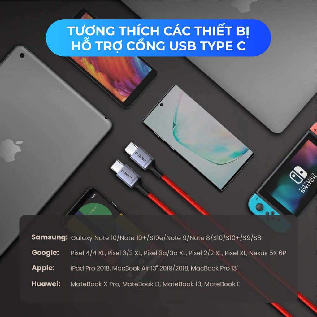 Cáp sạc và truyền dữ liệu 2 cổng USB type C PD 60W 3A bện nylon 1m US296 60186