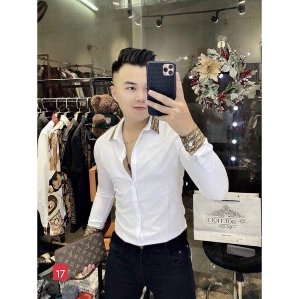 áo Sơ mi trắng cổ nâu họa tiết