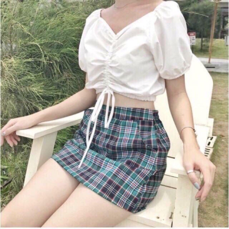 Áo Croptop Rút Ngực Tay Bồng Màu Trắng Form Chuẩn Hack Dáng