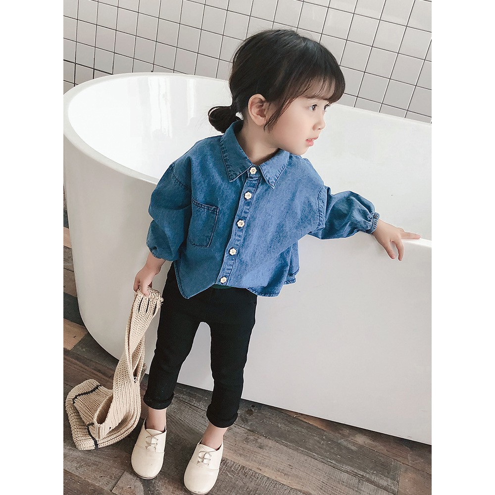 Áo sơ mi bé gái denim giản dị mùa thu 3-8 tuổi