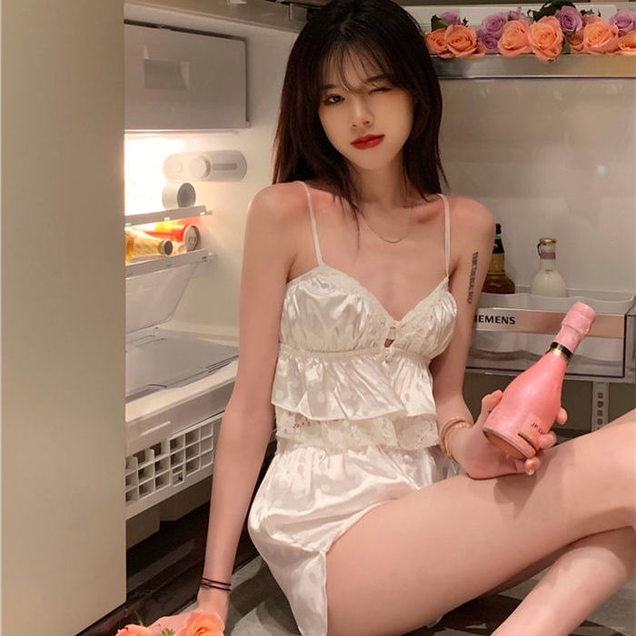 Set đồ ngủ hai dây phối ren họa tiết chấm bi thời trang mùa hè quyến rũ cho nữ