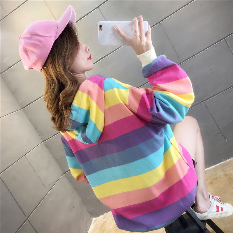 ⚡Cầu Vồng⚡ Áo Hoodie Dài Tay Họa Tiết Sọc Cầu Vồng Cho Cặp Đôi