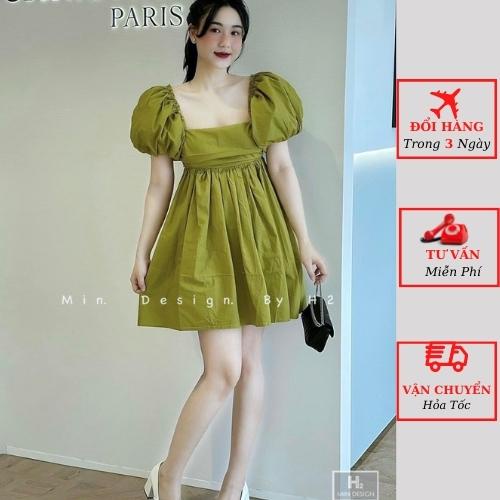 Váy thô nữ xanh babydoll tiểu thư tay phồng cổ vuông nơ lưng ulzzang Hàn Quốc yolo fashion