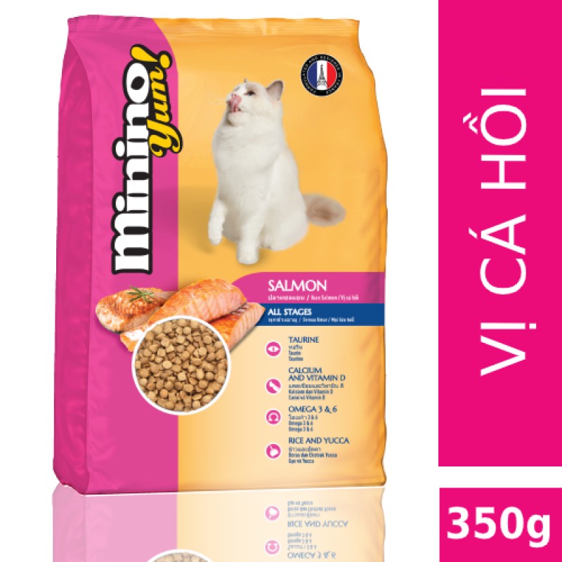 (Combo 5 Gói)Thức ăn hạt cho mèo mọi lứa tuổi vị Cá Hồi Minino Yum 350g