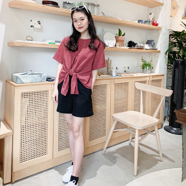 Áo vạt nơ Caro đỏ  CALIE STORE