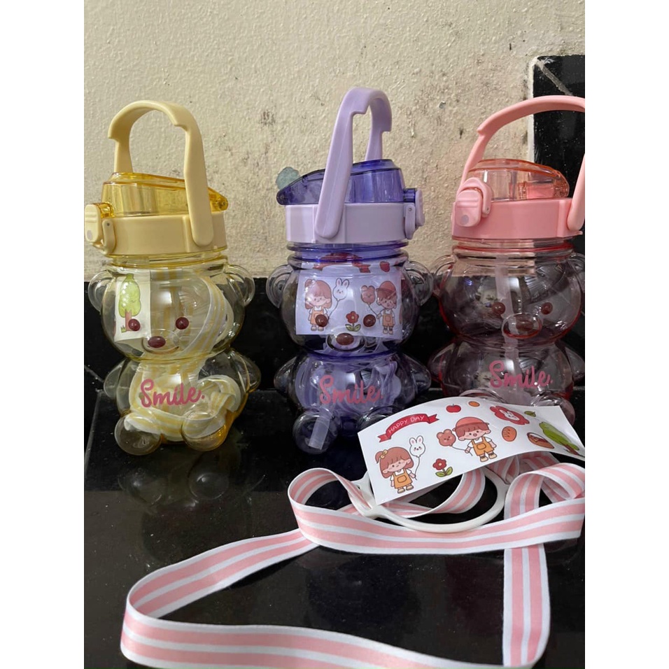Bình đựng nước 1000ml hình gấu ngộ nghĩnh, có ống hút, dây đeo tiện dụng